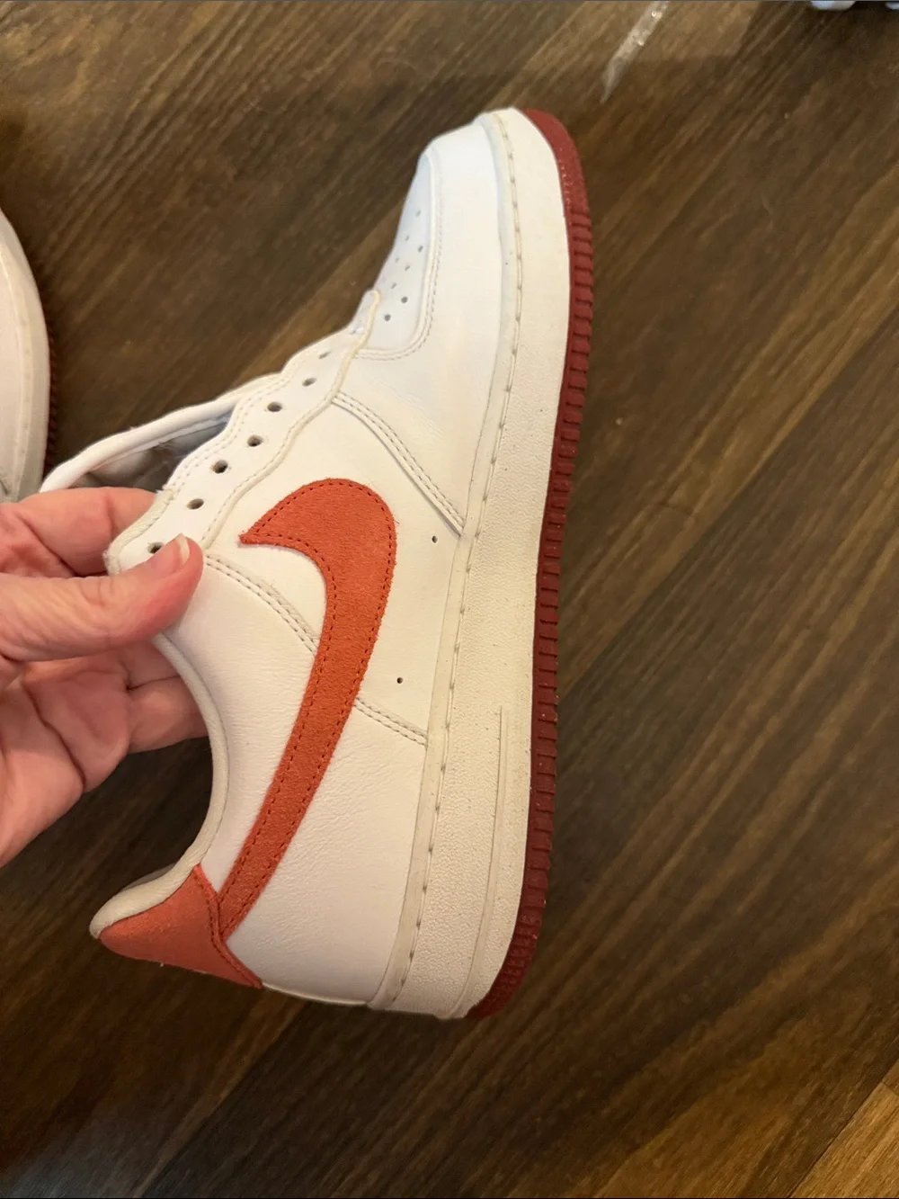 Nike Women’s White and Red Low-Top Air Force one sneakers, red dragon 07 size 10